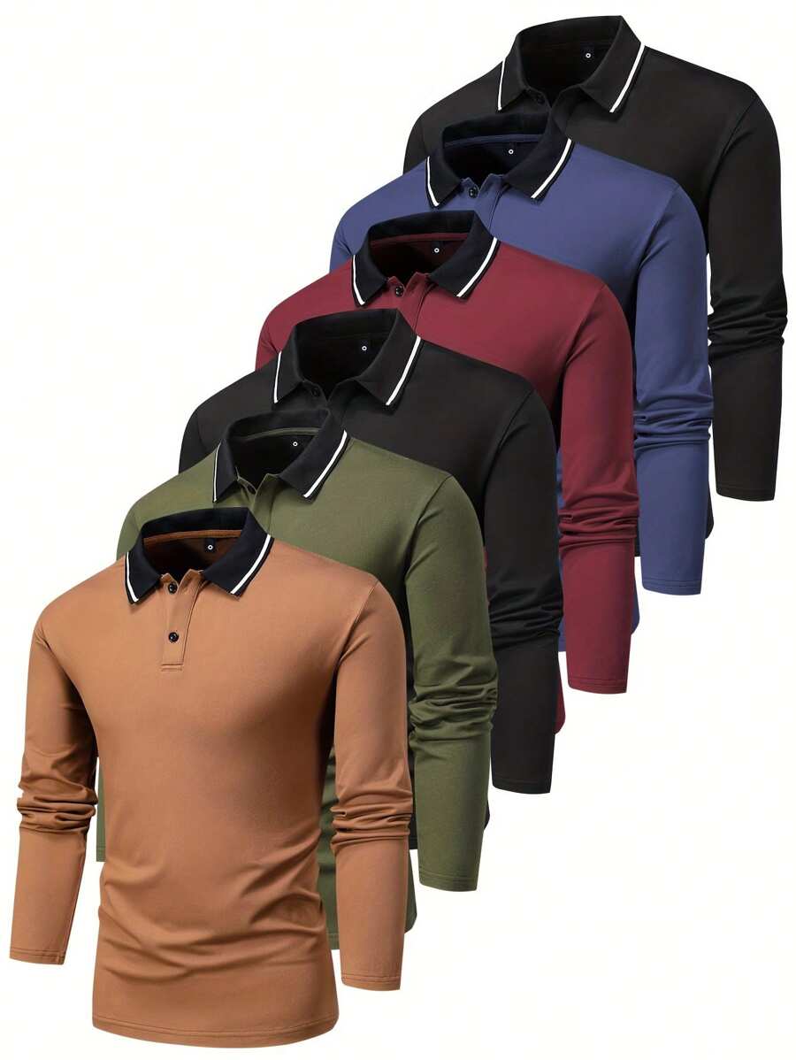 6pcs Men's Casual Long Sleeve Polo Shirt, For Spring/Autumn, Suitable For Daily, Sports, Light Business, Outdoor Running, For Golf, Fall Clothes - Multicolor - View 1