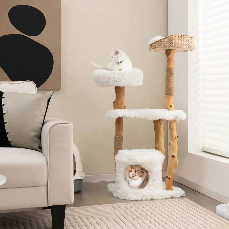 PETSITE 49 Inch Cat Tree For Indoor Cats, Solid Wood Modern MultiLevel