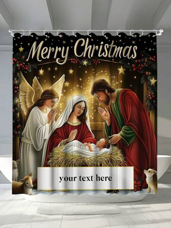 1pc Christmas Jesus Name Customized Digital Print Multi-Purpose Mildew-Resistant Waterproof Christmas Decorative Shower Curtain, 12 Plastic Hooks And Metal Grommets, Strong Household Bathroom Accessories, Christmas Bathroom Curtain Winter Decor Home Bathroom Decor Fall Decor Back To School