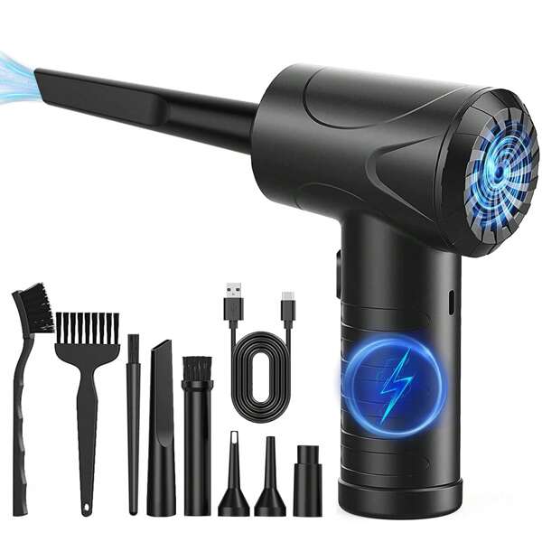 Elektrischer Staubbläser, 3-Gang 91000 U/min Druckluftstaubwedel, USB Aufladbarer Druckluftspray, PC Reinigungsset mit 6000mAh Akku für Laptop, Tastatur, Auto, Bürogeräte, Sofa