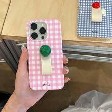 Ốp điện thoại silicon thiết kế ca rô thời trang dành cho nữ với nút tròn, thể hiện xu hướng thời trang và phong cách cô gái trẻ dễ thương, phù hợp với những cô gái tinh tế và xinh đẹp, tương thích với dòng iPhone 16/15/15 Pro/15 Pro Max/14/13/12/11/Xs MAX - Khóa da màu trắng gắn quả bóng sang trọng màu hồng nhạt có ca rô màu trắng - Xem 3