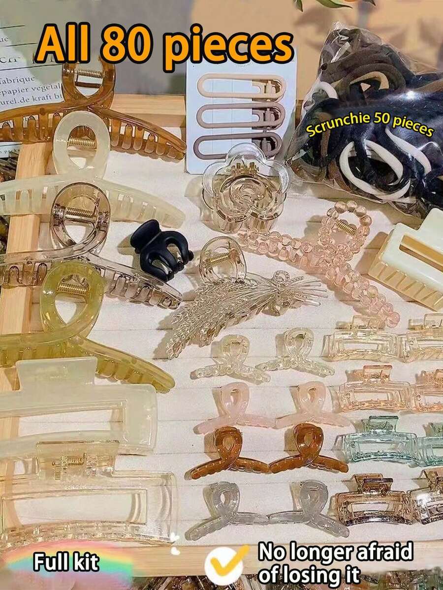 Bộ 80 kẹp tóc phụ kiện, bao gồm kẹp vuốt tóc, kẹp tóc, dây buộc tóc đuôi ngựa, dây buộc tóc, kẹp tóc mái - Nhiều màu - Xem 1