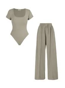 Women's Square Neck Shaping Bodysuit & High Waist Wide Leg Pockets Trousers Co-Ord,Short Sleeve Shapewear,Two-Piece Outfit For Womenswear - màu xanh lá - Xem 1