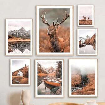 1 pieza de arte de pared, póster con opción de marco, pintura en lienzo con arte nórdico del otoño, montaña, bosque, niebla, ciervo, cascada, pósteres e impresiones para decoración de sala de estar