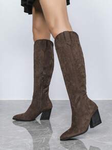 2024 Autumn/Winter New Vintage Rider Boots For Women, Pointed Toe Chunky Heel High Shaft Long Boots