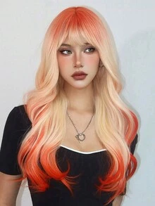 1piece Pink 24 Inch Long Curly Synthetic Wig With Bangs For Women Pink Hair Daily Cosplay Party Wigs - 彩色 - 查看 2