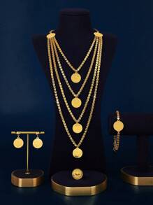 Mgyi Dubai-Inspired Minimalist, Sweet, Exaggerated, Gold-Colored Copper Fashionable And High-End Luxury Retro Big Jewelry Set For Women, Suitable For Outings, Leisure, Parties, Daily Dates, Christmas, And Other Holidays. It Includes A Layered Gold-Plated Long Necklace And Layer Tassel Earrings ,Bracelets And Ringsas A Gift For Women, Girlfriends, Parents, Etc - Gold - View 6