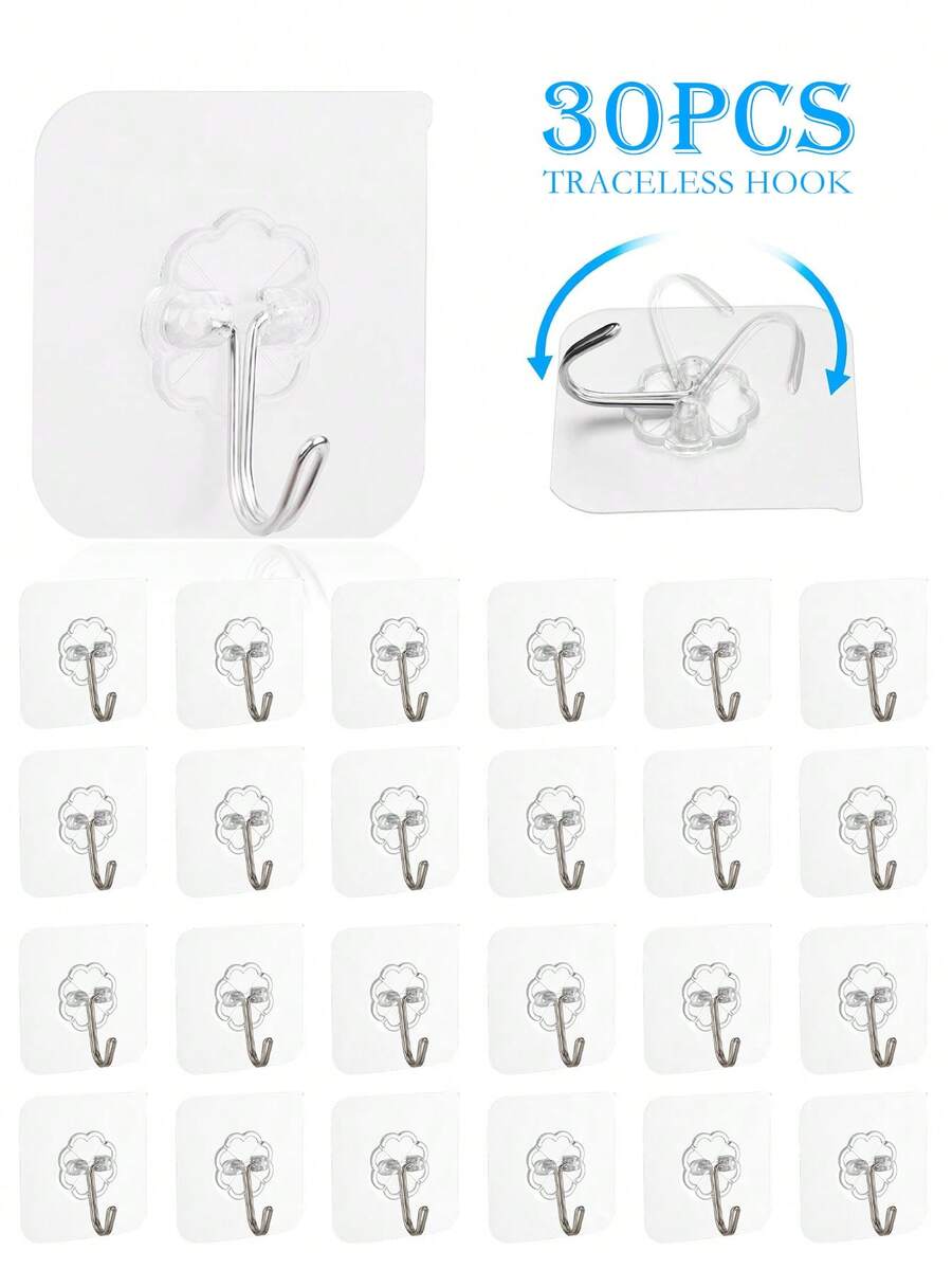 30pcs Transparent Adhesive Hooks, Wall Mounted Sticky Hooks For Kitchen, Bathroom, Bedroom, Office, Removable And Waterproof, Heavy Duty Suction Cup Hooks For Storage And Organization - Multicolor - View 1
