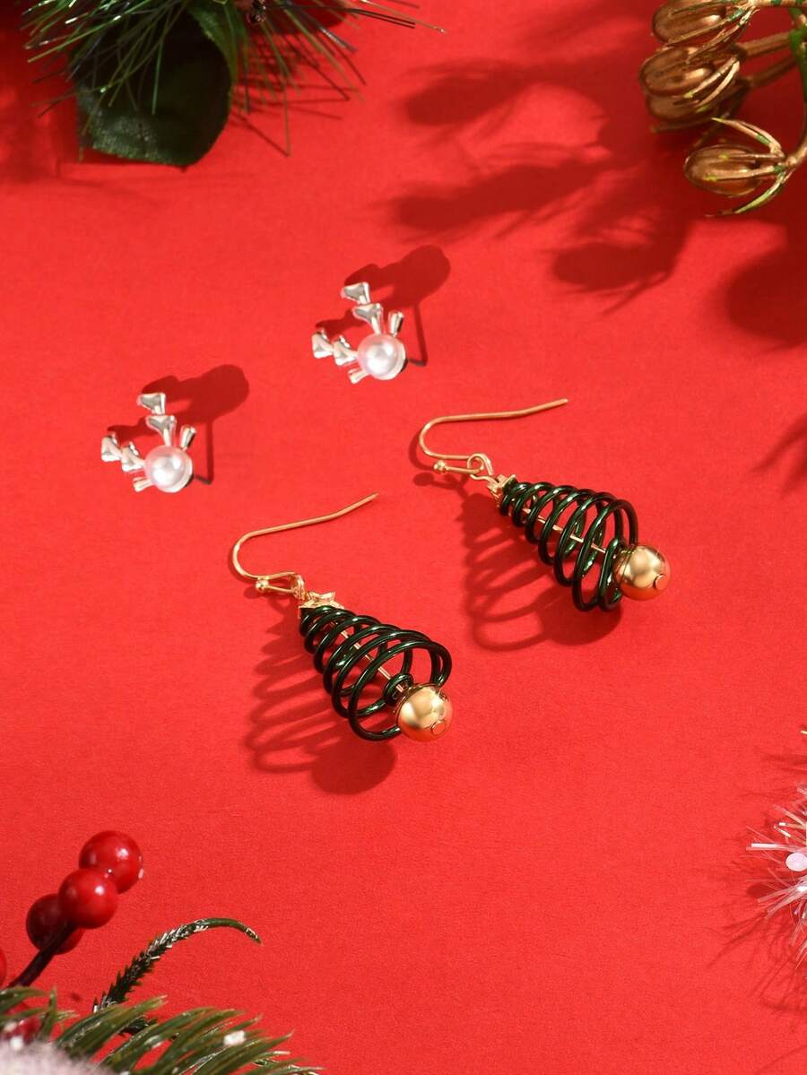 1 Cặp Hoa tai tuần lộc Giáng sinh & 1 Cặp Hoa tai cây thông Noel, Quà tặng trang sức lễ hội cho phụ nữ dự tiệc - Nhiều màu - Xem 1