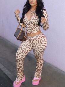 女士时尚豹纹印花连帽衫拉链长袖 2 件套休闲 Y2K 街头派对春装 - 卡其色 - 查看 5