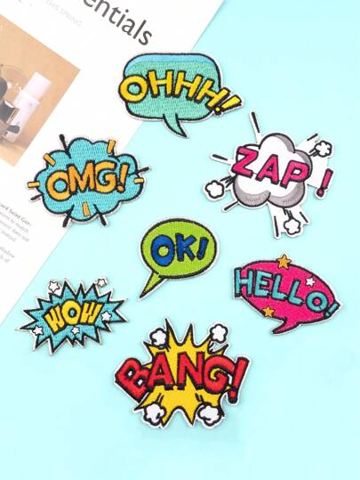 7pcs Cartoon Colorful OMG Letter Embroidery Patches, Fashionable Graffiti DIY Clothes, Shoes, Bags, Self-Adhesive Fabric Stickers