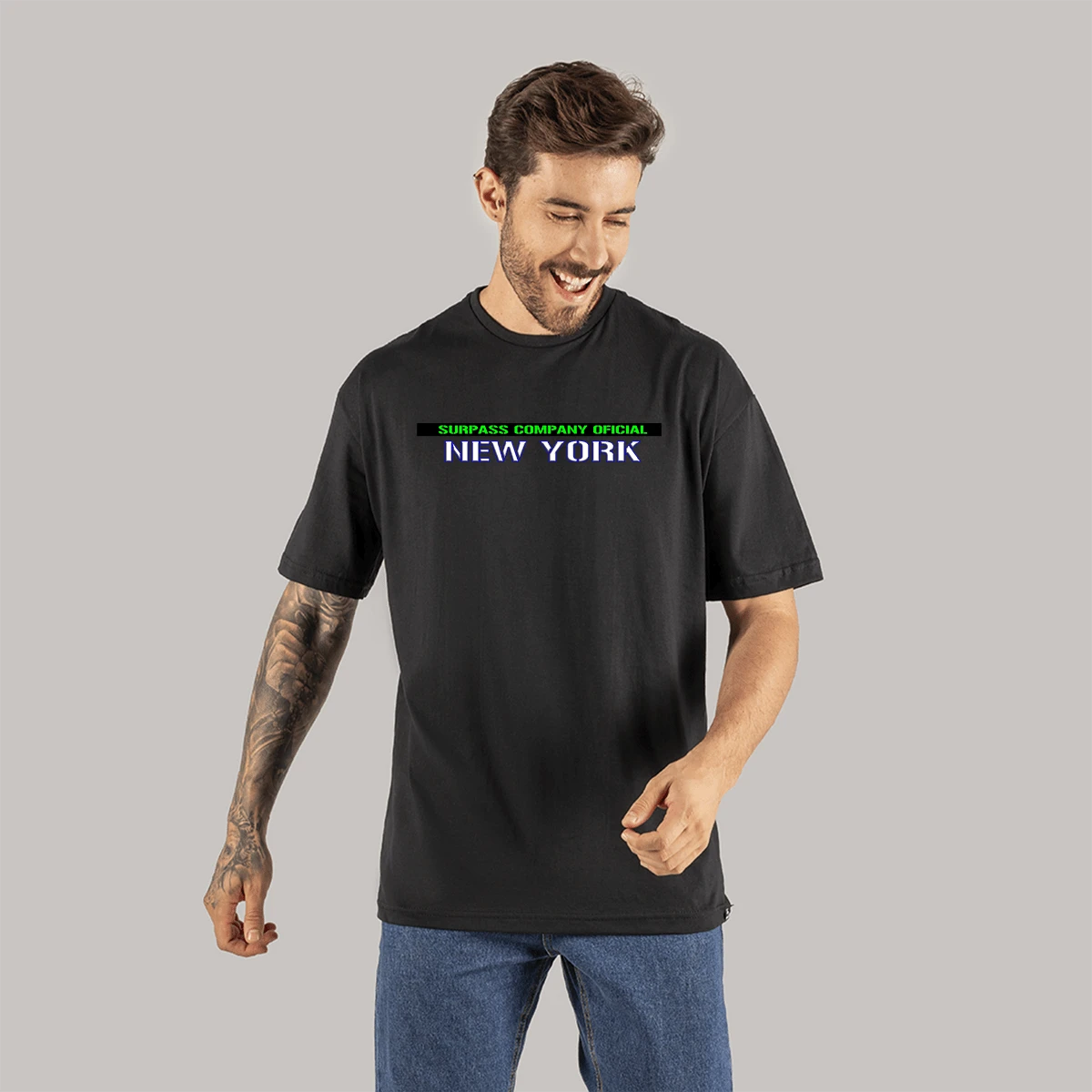 Street Wear Oversize Long Sleeve New York T-Shirt - Black - View 1