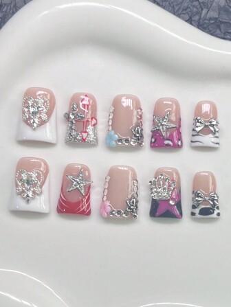 10Pcs Y2K Duckbill Nail Tips, Handmade Wearable Nude Color Nail Stickers With Heart, Star, Bow, Flower, Rhinestone Elements Design, Suitable For Women And Girls, Party, Dancing And Daily Wear, Comes With Tool Kit (Random Accessory Color) Press On Nails Nail Supplies Nails