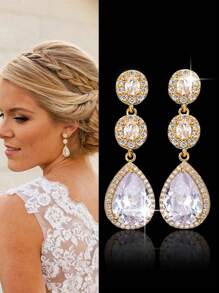 一对奢华新娘立方氧化锆水滴形吊坠耳环，适合女士婚纱、日常佩戴，皇家风范。情人节配饰 - A - 查看 16