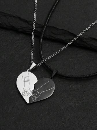 2 件情侣不锈钢心形激光印花吊坠皮绳项链，适合圣诞节、新年、情人节礼物