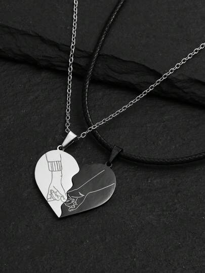 2 件情侣不锈钢心形激光印花吊坠皮绳项链，适合圣诞节、新年、情人节礼物