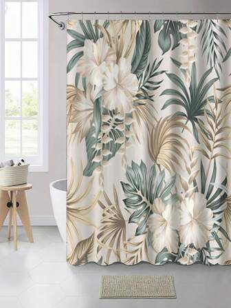 1 stuk gouden groene bloemen waterdicht polyester bloemenprint badkamer douchegordijn, inclusief 12 haken, badkameraccessoire en decoratie thuis badkamerdecoratie herfstdecoratie badkameraccessoires terug naar school