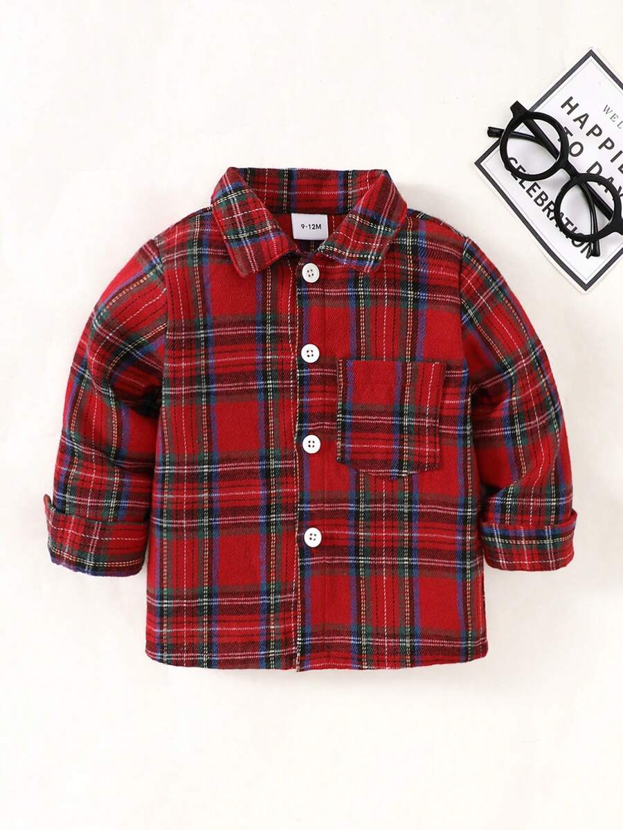 男婴时尚百搭情人节格纹口袋休闲领衬衫，黑色和红色 - 紅色 - 查看 1