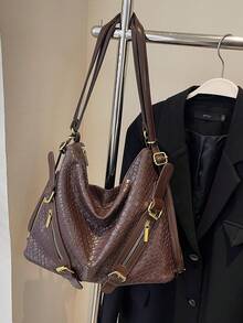 复古时尚单/双肩带大容量斜挎包，2024新款女士秋冬 - 咖啡棕 - 查看 5