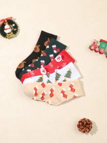 5 双儿童中性圣诞老人图案高弹力针织圣诞中筒袜，秋冬款 - 彩色 - 查看 3