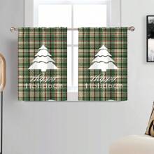 2pcs Green & White Plaid Christmas Tree Silhouette Creative Print Sheer Kitchen Window Curtains, Rod Pocket Top, Quality Polyester Fabric, Lightweight & Easy Care, Personalized Christmas Decor For Kitchen, Dining Room, Living Room, Bedroom, Balcony