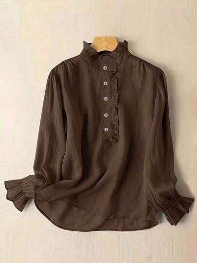 Blusa casual de manga larga con cuello de volantes y unicolor, apta para primavera/verano, blusas de manga larga