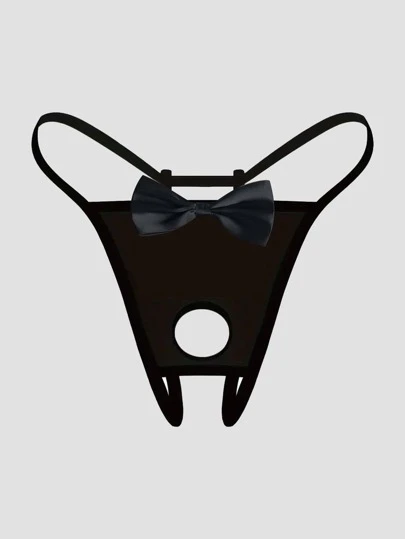男士帅气蝴蝶结黑色性感舒适露洞丁字裤