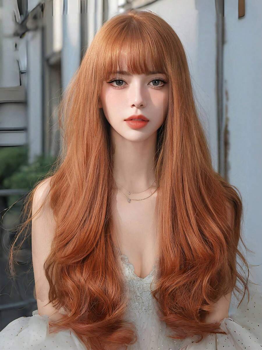 Tóc giả màu gừng có mái mềm mại, dài xoăn cho trang phục thời trang nữ, tóc giả màu gừng, tóc giả tổng hợp chịu nhiệt, gợn sóng cho tiệc Halloween ở trường, dài 26 inch - màu nâu - Xem 1