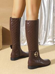 Nuevas botas de media pantorrilla cómodas y antideslizantes para mujeres en 2024, con acento de botón de metal bordado en marrón, versátiles y casuales con cremallera lateral, suela gruesa antideslizante y punta redonda, estilo occidental de caña alta