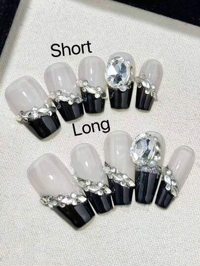 10 Pieces Set Of Black French Style Burst Sparkling Rhinestone Light, Swaying Like Stars Under The Light, Suitable For Women And Girls To Wear In Any Occasion. Versatile, Non Picky, Short Ladder Type, Reusable Handmade Press-On Nails Suit With Jelly Glue, One Mini Rubbing Strip, One Piece Press On Nails Nail Supplies Nails