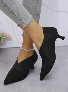 2024 New Black Pointed Toe Pumps For Women, Thin Heels, Soft Leather, V-Cut Vamp, Sexy & Slim, Suitable For Autumn - V-neck Black - View 5