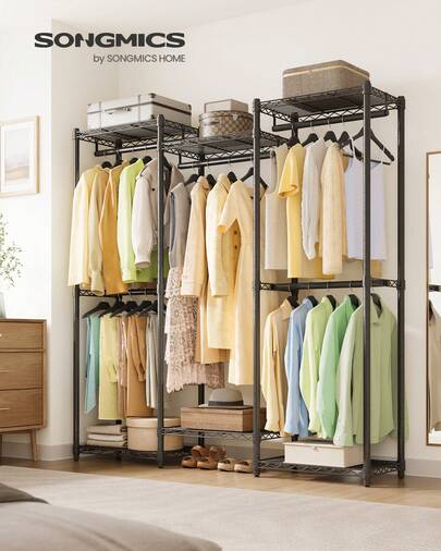 SONGMICS Perchero, perchero de ropa resistente de 56.9 pulgadas de ancho con estantes de malla ajustables y rieles colgantes, perfecto para organizar los armarios de primavera y verano, ideal para espacios minimalistas, exhibición de ropa con estilo, esencial para refrescar el armario estacional, maximiza el espacio de tu armario con un diseño funcional, perfecto para el hogar, apartamento o dormitorio, mejora tu espacio de vida con opciones de almacenamiento prácticas y elegantes, imprescindible para entusiastas de la moda y organizadores del hogar.