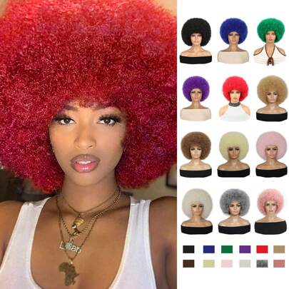 女性用アフロウィッグ アフロキンキーカーリーヘア バング付き 自然な見た目 メンズ用ショートアフロカーリーウィッグ 弾力性のあるブラックアフロパフウィッグ 合成髪 ビッグアフロウィッグ ニューイヤー、カーニバル、音楽祭、デイリーパーティー、コスプレ、休日、クリスマスの装飾用(ブラック、ブルー、グリーン、ホワイト、パープル、レッド、ブラウン、ダークブラウン、ブロンド、ピンク、ロータスピンク)