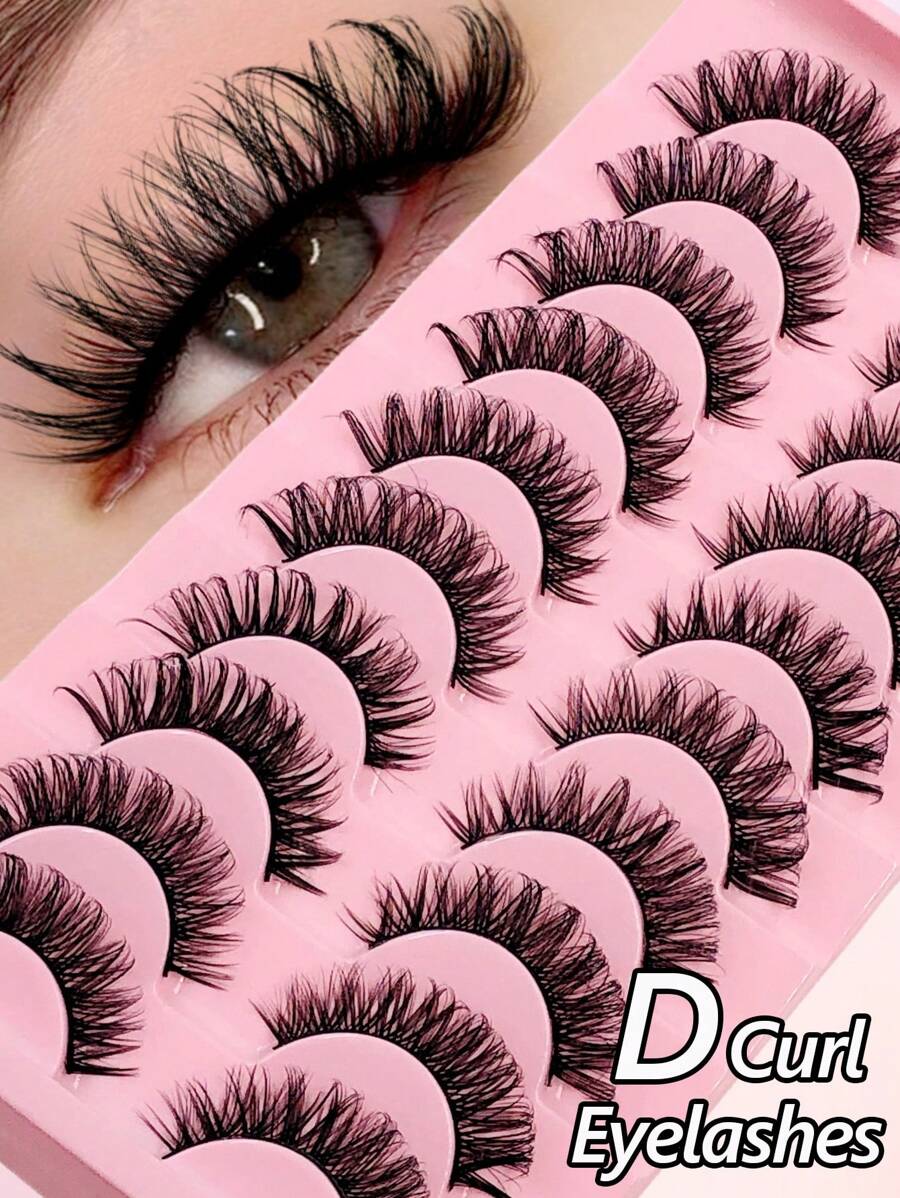 Rikuaild 10 Pairs D Curl Russian Strip Lashes Natural Look Fluffy Volume Fake Lashes Wispy Cross Effect Fake Eyelashes - 交叉款 - 查看 1