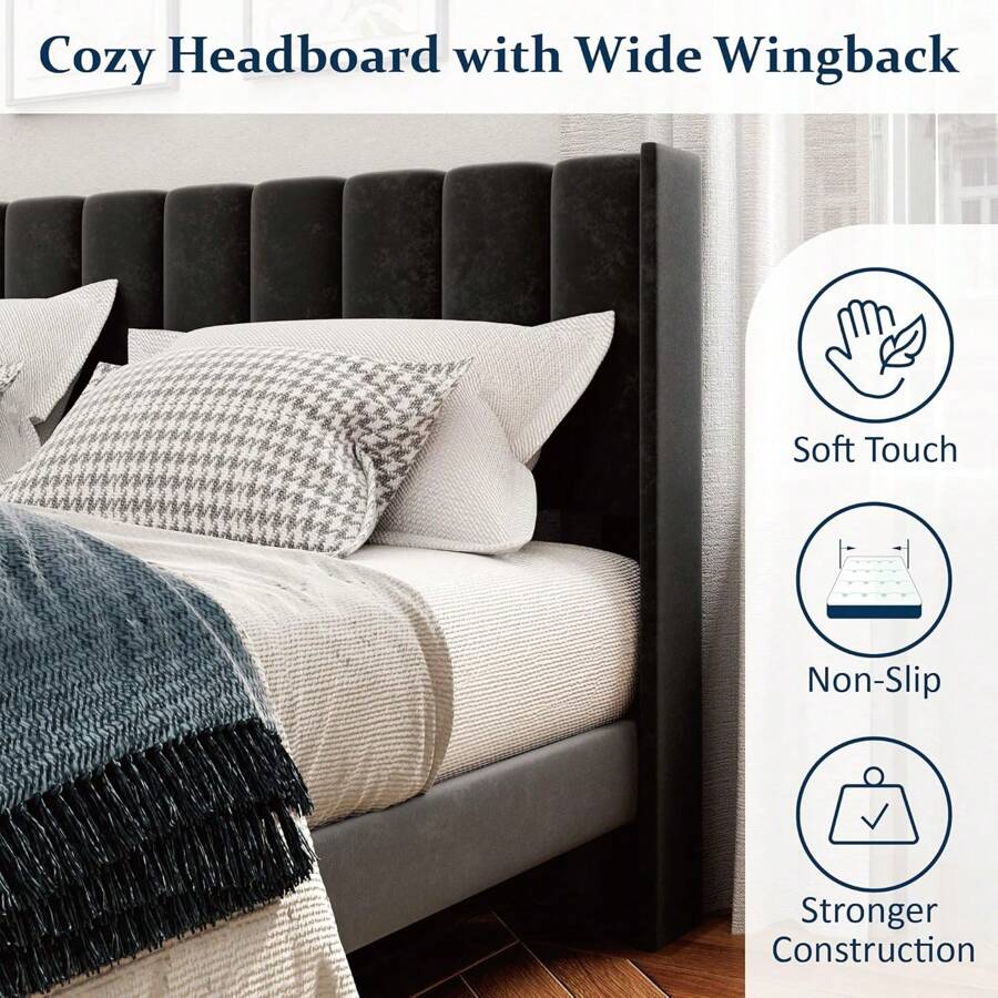 King Size Bed Frame And Headboard,Vertical Channel Tufted Wingback No