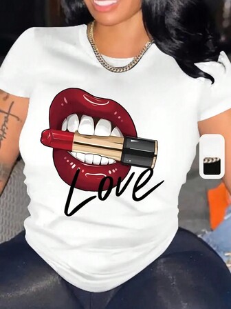 Camiseta de lápiz labial estampada LDA cuello redondo de manga corta mujer casual aumenta el tamaño