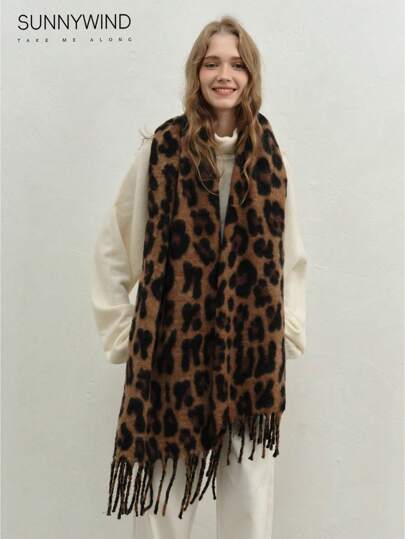 1pc Women Leopard Print Elegant Versatile Warm Scarf, Suitable For Daily Use