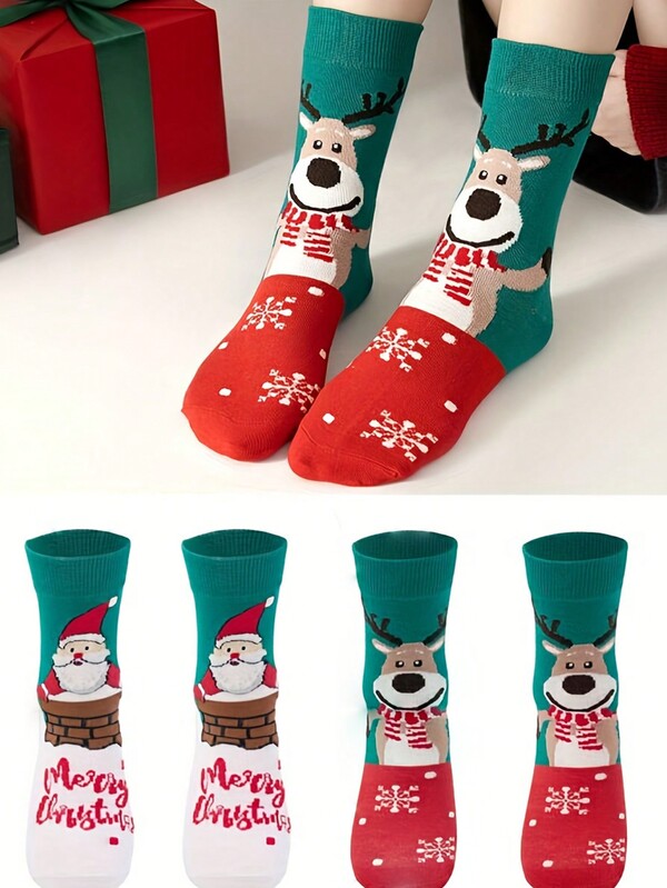 1 Paar Weihnachtssocken, weiße Weihnachtsmann-Socken, dunkelgrüne Rentier-Socken, verschiedene Stile zur Auswahl, Feiertags-Themen Schneemann, Weihnachtsmann und Rentier Muster, angenehmes Polyester-Mischgewebe, geeignet als Feiertags-Geschenke, ein tolles Geschenkpaar, Halloween-Geschenke, Weihnachtsgeschenke, Valentinstag, Weihnachtsdekoration, Weihnachtszubehör, Weihnachtsbaum