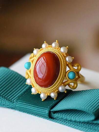 1pc Natural Hetian Jade Pearl Ring, Vintage Palace Style Carnelian Cabochon Ring, Traditional Gold Jewelry Suitable For Women Daily Wear