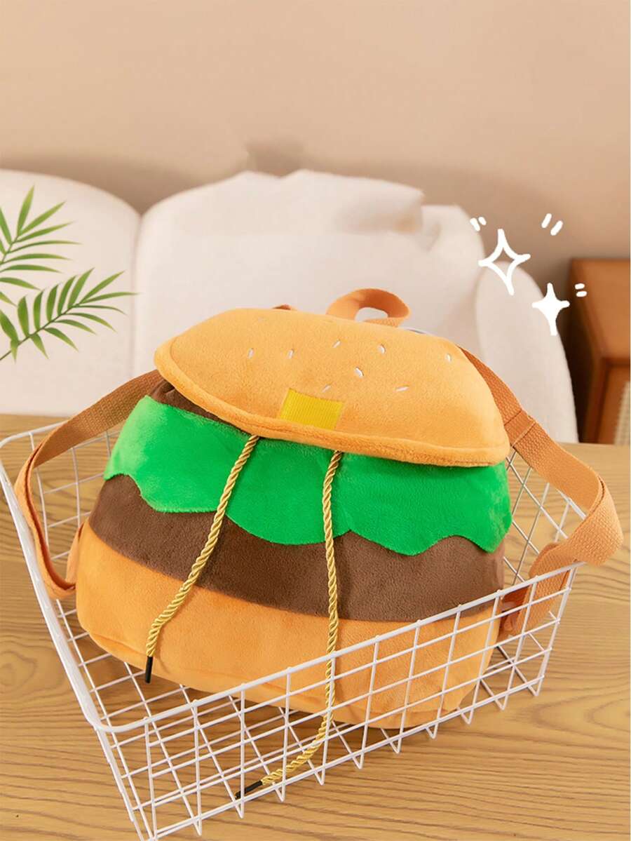 1pc Boy/Girl Color Block Plush Cartoon Hamburger Pattern Drawstring