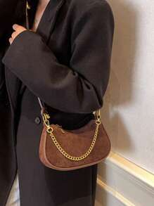 Mini Matte Solid Color Chain Decor Crescent Shoulder & Crossbody Bag - Coffee Brown - View 3