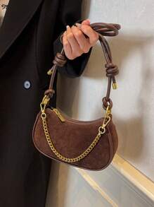 Mini Matte Solid Color Chain Decor Crescent Shoulder & Crossbody Bag - Coffee Brown - View 2
