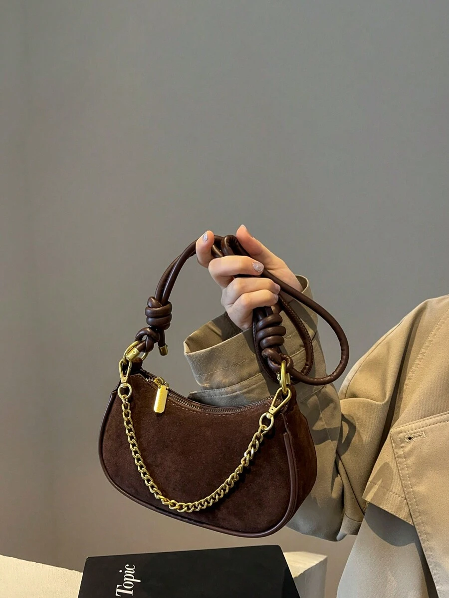 Mini Matte Solid Color Chain Decor Crescent Shoulder & Crossbody Bag - Coffee Brown - View 1