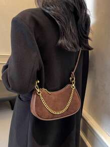 Mini Matte Solid Color Chain Decor Crescent Shoulder & Crossbody Bag - Coffee Brown - View 4