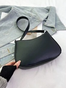 1 件 PU 材质复古紧凑型腋下迷你包，圆环金属肩带，单肩包和手提包，女士办公室通勤简约风格小钱包 - 黑色 - 查看 9