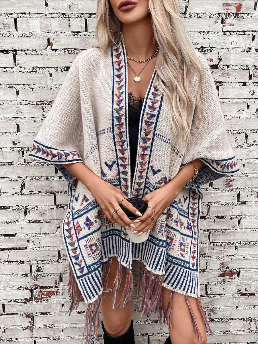 1 chiếc áo choàng tua rua dệt kim thời trang thường ngày dành cho nữ, ấm áp và thích hợp để mặc hàng ngày và đi nghỉ - Nhiều màu - Xem 1