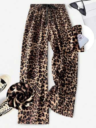 Cross-Border Plus Size Women Loose Casual Street Leopard Print Wide Leg Pants With Pockets, Ribbed Velvet Drawstring, Autumn/Winter