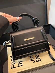 新款秋冬时尚纯色手提包，抽绳复古布艺手提包，折痕图案单肩斜挎翻盖小包，女士多用通勤包 - 黑色 - 查看 3