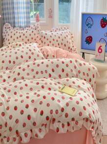 4 件套韩式蕾丝边水洗床上用品套装，包括 1 个羽绒被套、1 张床单、2 个枕套（不含填充物） - 粉色 - 查看 3