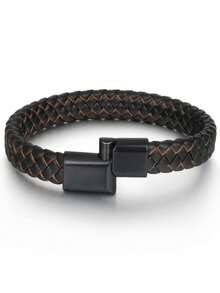 男士复古皮革磁性腕带手工编织手链，圣诞节、新年、情人节、节日礼物 - 藍色 - 查看 6